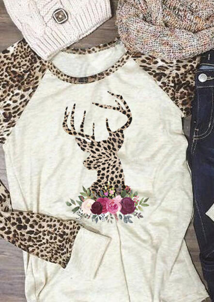 Leopard Print Christmas Elk T-Shirt Tee - Flesh
