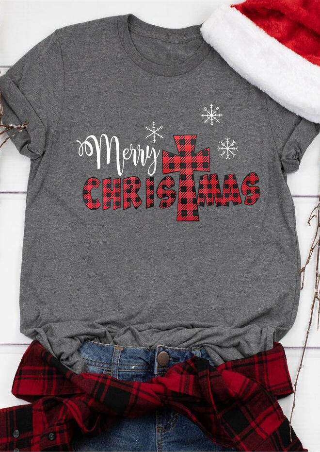 

Plaid Christ Merry Christmas Snowflake T-Shirt Tee - Gray, 459508