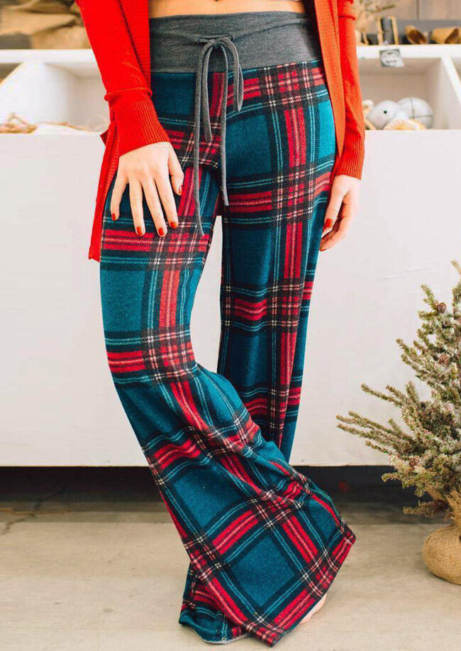 Plaid Splicing Drawstring Wide Leg Pants - Blue