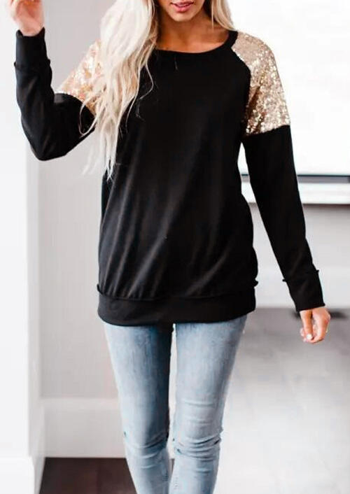 Sequined Splicing O-Neck Blouse - Black