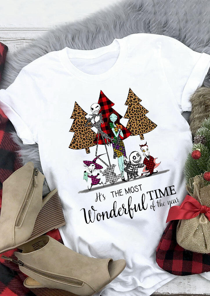 Plaid Leopard Printed Christmas Tree T-Shirt Tee - White