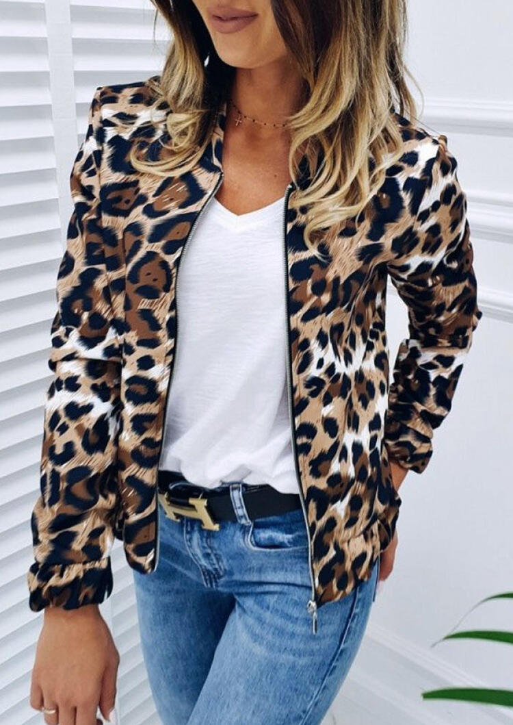 Leopard Printed Long Sleeve Coat without Necklace