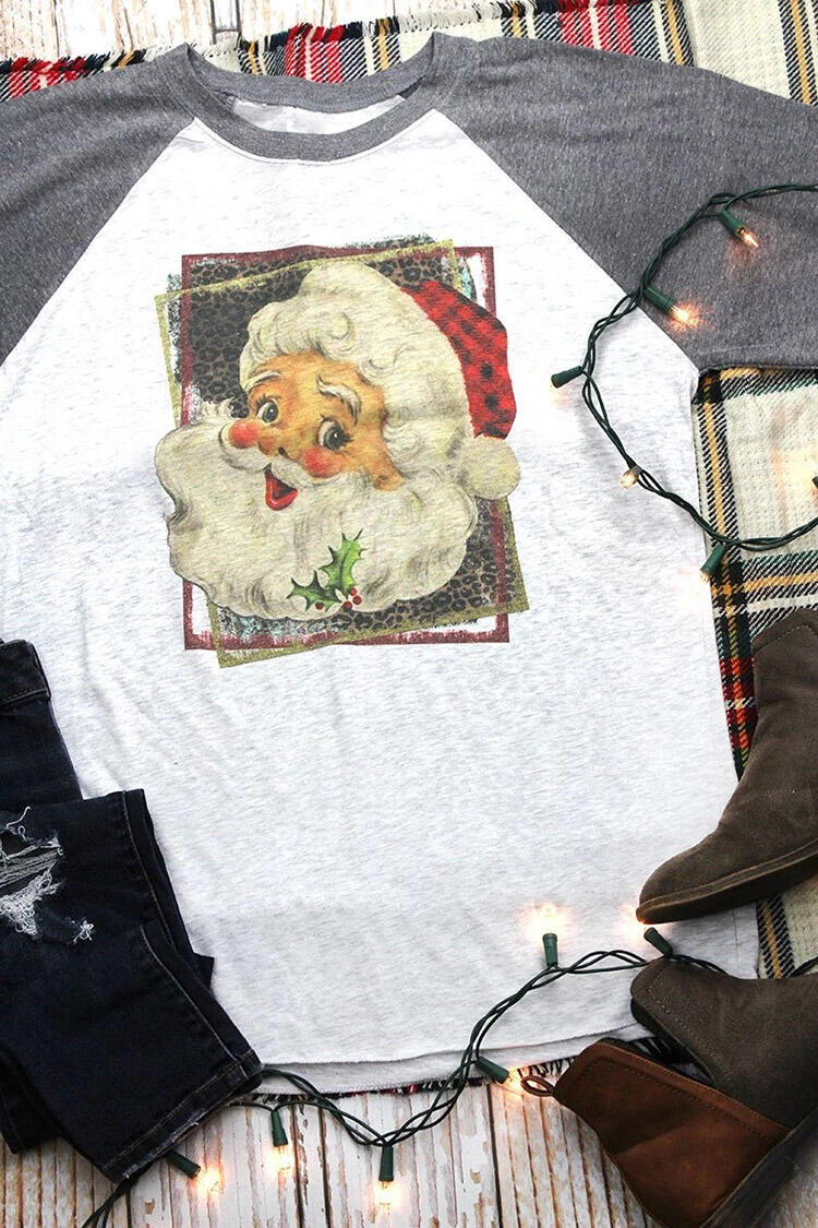 Christmas Santa Claus Plaid T-Shirt Tee - Light Grey