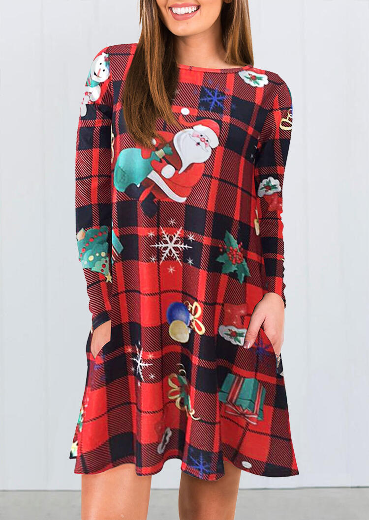 Plaid Printed Christmas Santa Snowflake Pocket Mini Dress - Red