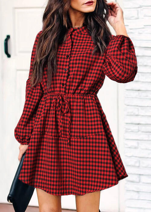 

Plaid Lantern Sleeve Mini Dress without Necklace - Red, 459557
