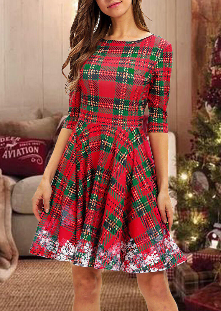 Plaid Snowflake Splicing Mini Dress - Red