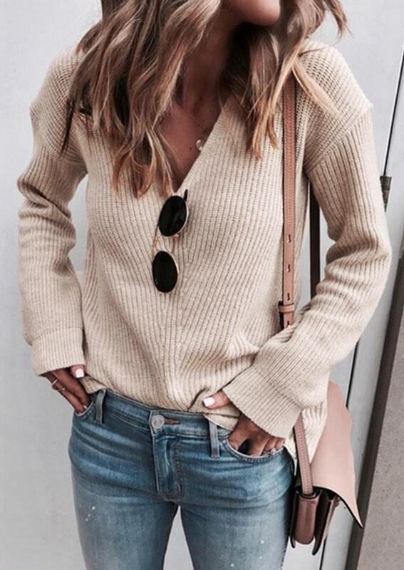 Solid V-Neck Knitted Sweater without Necklace - Light Khaki