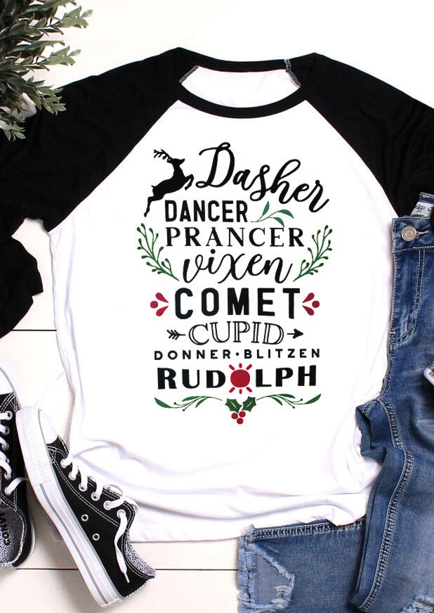 Dasher Dancer Prancer Christmas Reindeer T-Shirt Tee - Black