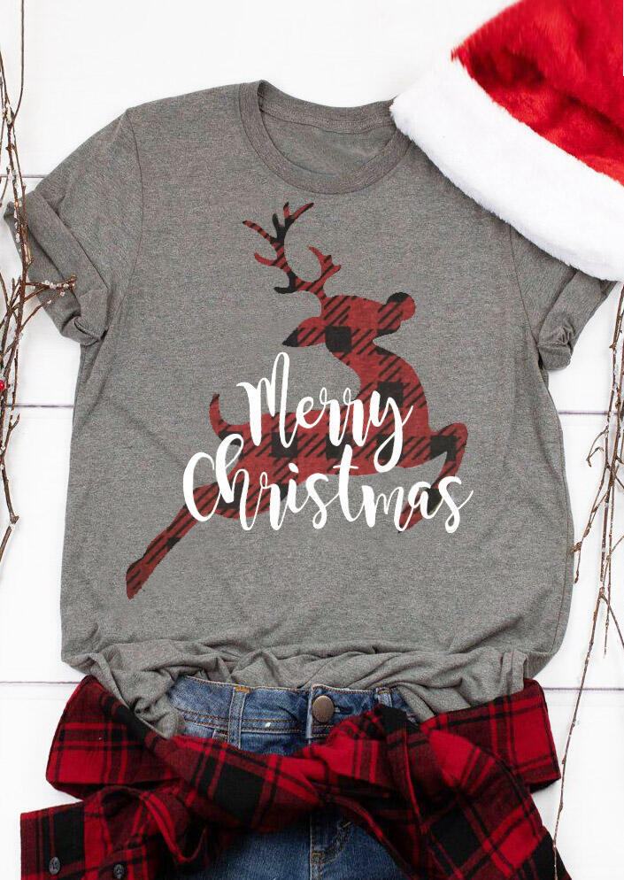 

Merry Christmas Reindeer T-Shirt Tee - Gray, 456102