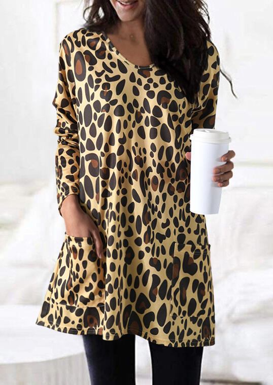 Leopard Printed Pocket O-Neck Mini Dress - Khaki