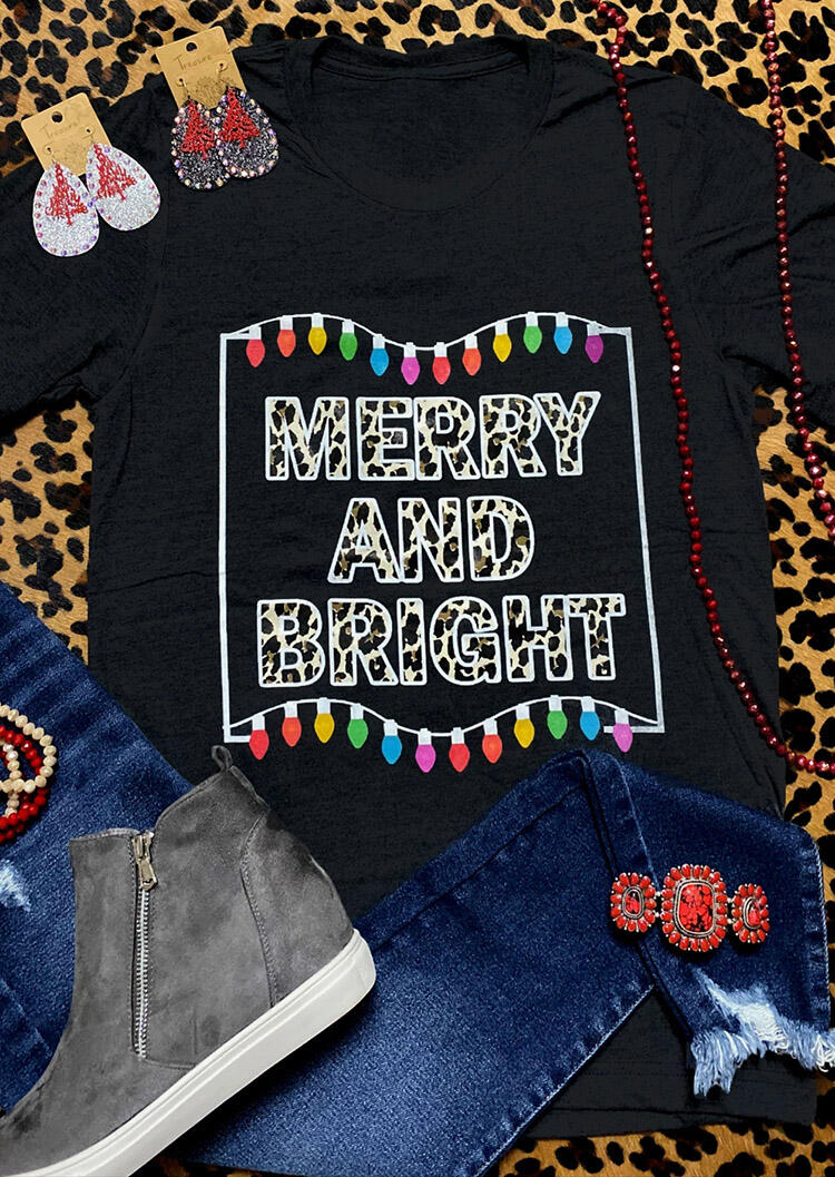 Leopard Printed Merry And Bright T-Shirt Tee - Splicing Black