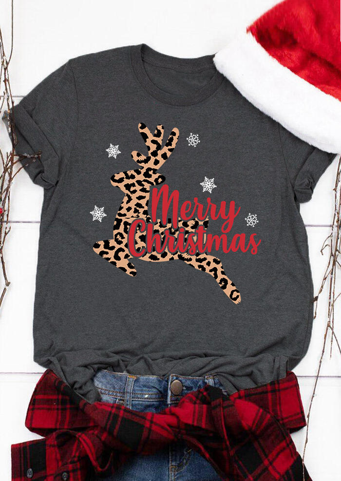 

Merry Christmas Leopard Printed Reindeer T-Shirt Tee - Gray, 459943