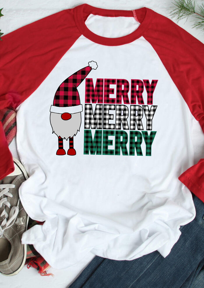

Christmas Gnomie Plaid Merry O-Neck T-Shirt Tee - Red, 460106