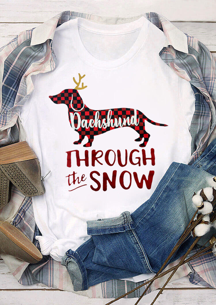 

Plaid Dachshund Through The Snow T-Shirt Tee - White, 460072