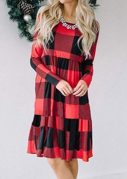 Plaid Splicing O-Neck Ruffled Mini Dress without Necklace - Red