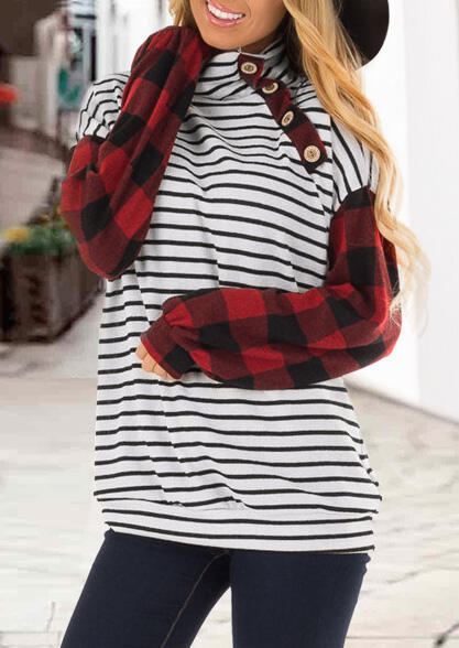 Plaid Striped Printed Splicing Button Blouse
