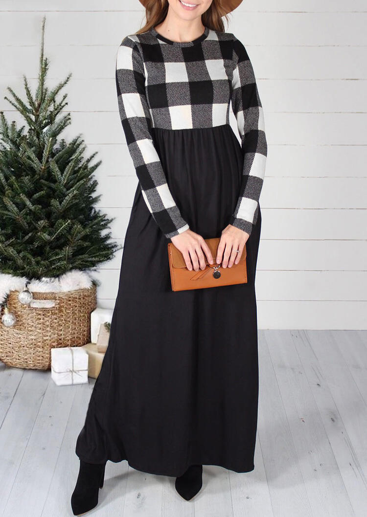 Plaid Splicing Pocket Long Sleeve Maxi Dress - Black