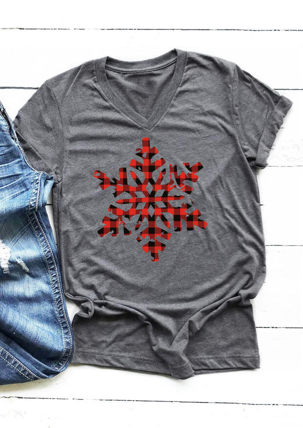 Christmas Plaid Snowflake V-Neck T-Shirt Tee - Gray