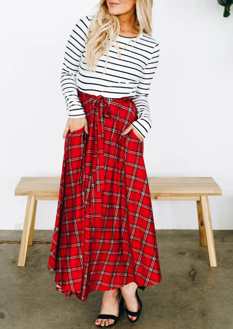 Plaid Striped Printed Splicing Pocket Maxi Dress without Necklace - Red