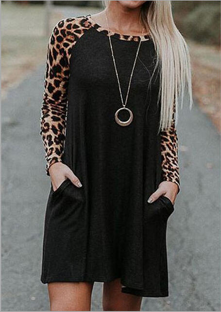 

Leopard Splicing Pocket Mini Dress - Black, 456522