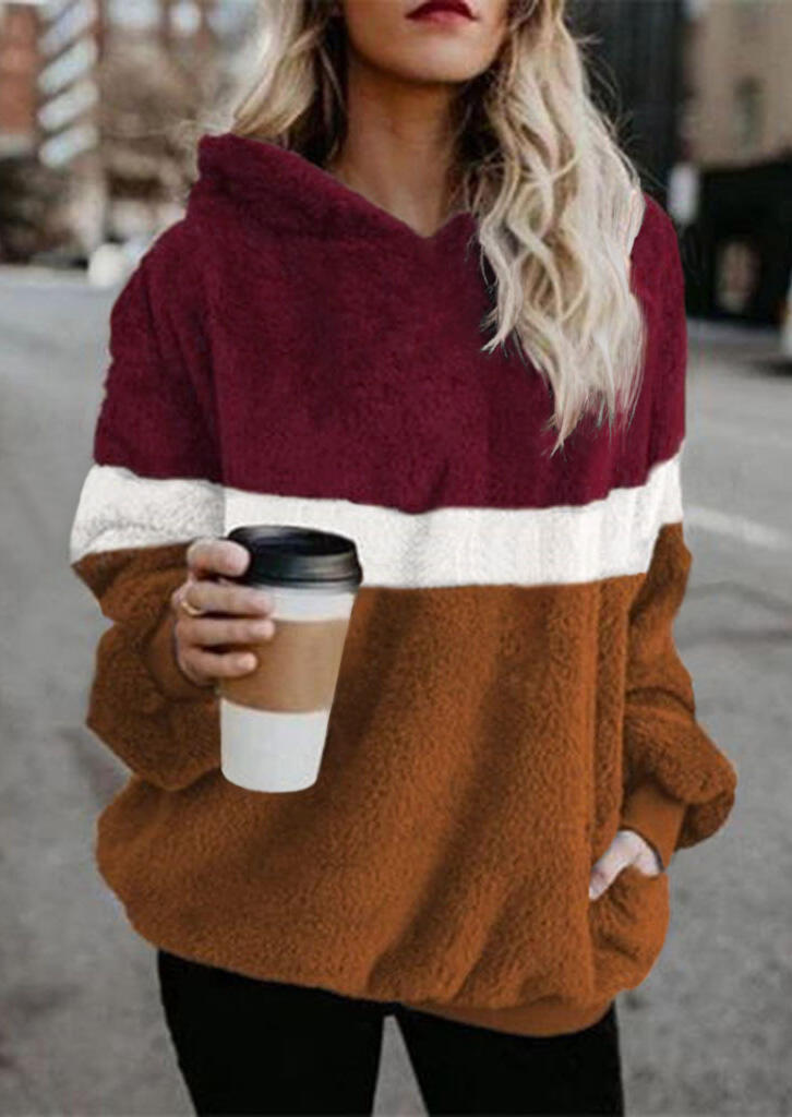 Color Block Pocket Zipper Plush Hoodie - Brown