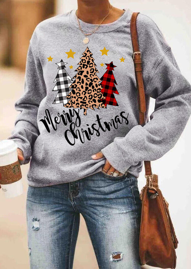 Merry Christmas Trees Plaid Leopard Printed Sweatshirt without Necklace - Gray