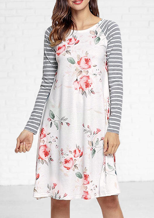 Floral Striped Splicing O-Neck Casual Dress - White