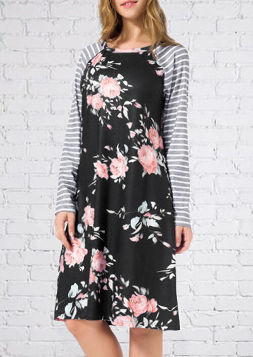 Floral Striped Splicing O-Neck Casual Dress - Black