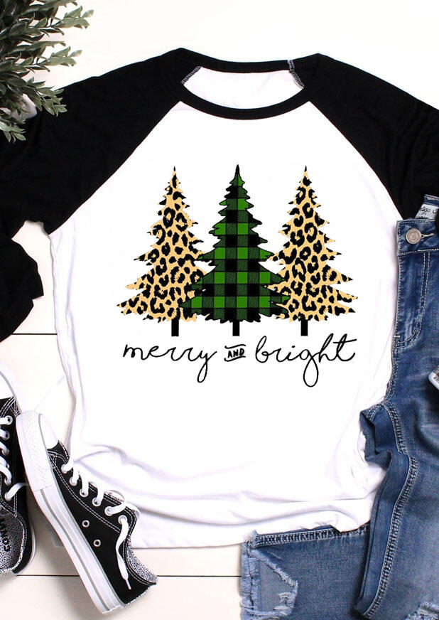 Plaid Leopard Printed Christmas Tree Merry And Bright T-Shirt Tee - White