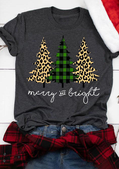 

Plaid Leopard Printed Christmas Tree Merry And Bright T-Shirt Tee - Gray, 460359