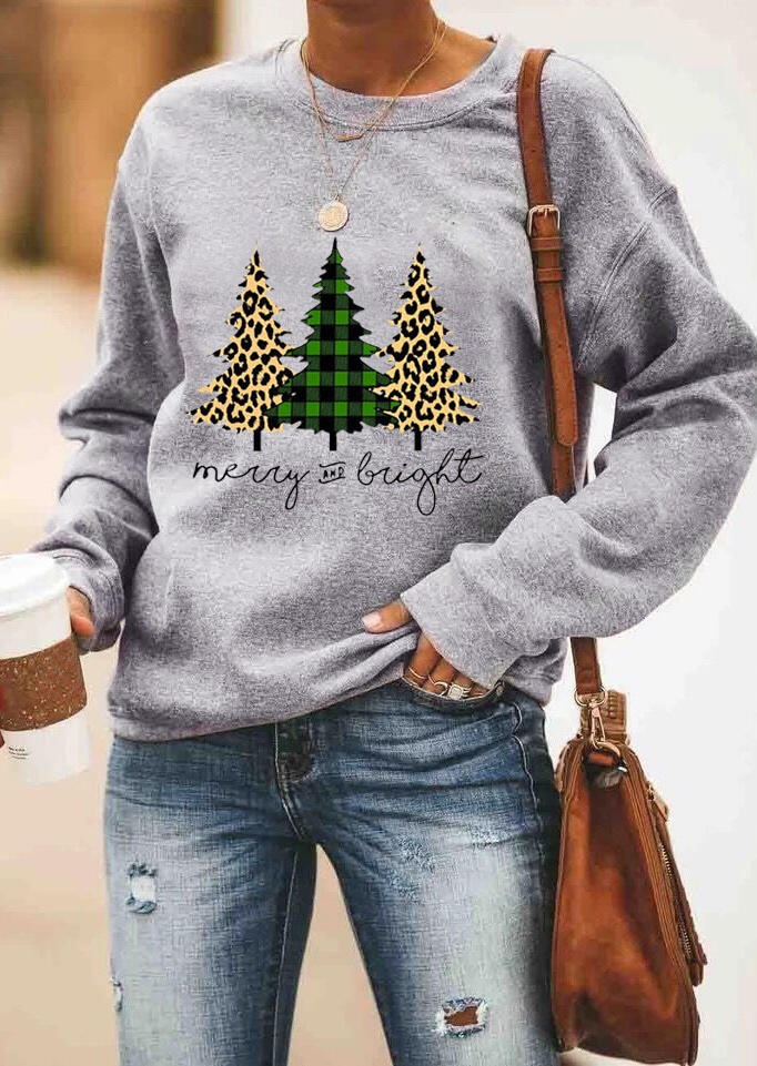 

Plaid Leopard Printed Merry And Bright Sweatshirt without Necklace - Gray, 460366