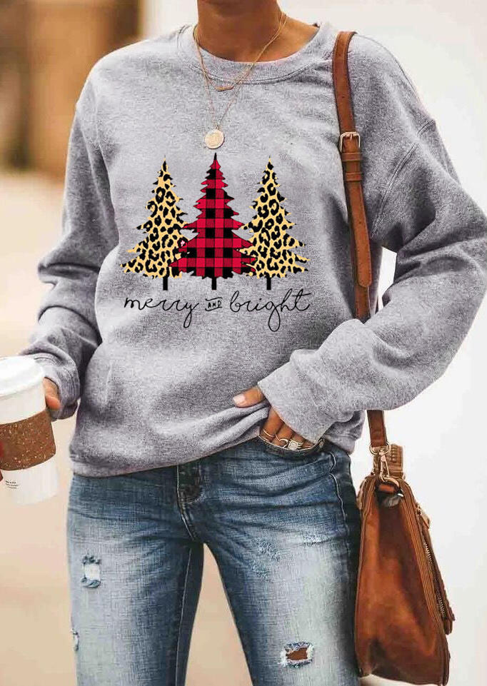 Plaid Leopard Printed Merry And Bright Sweatshirt without Necklace - Gray