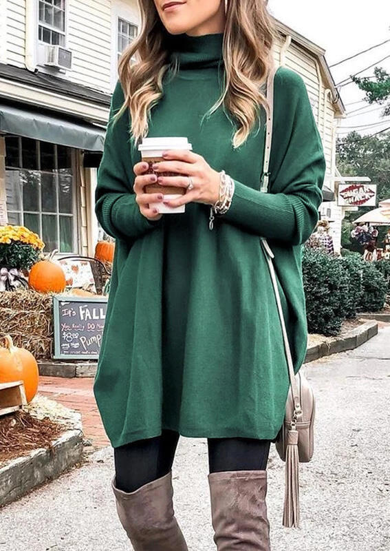 Knitted Turtleneck Mini Dress - Green