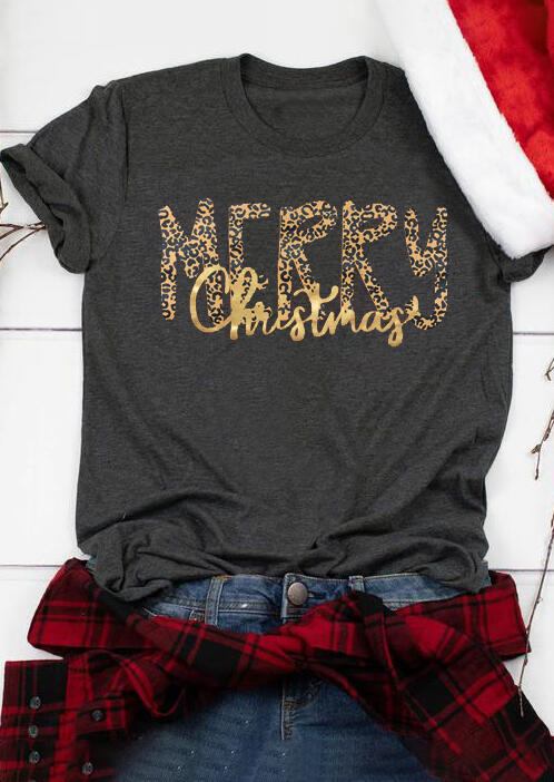 Leopard Printed Merry Christmas T-Shirt Tee - Dark Grey