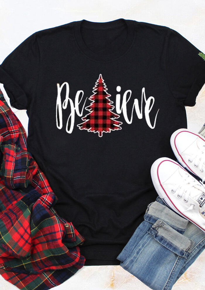 

Christmas Plaid Tree Believe T-Shirt Tee - Black, 460422