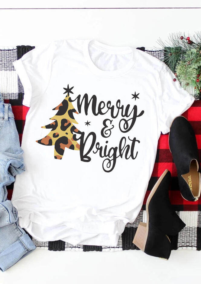 Merry & Bright Leopard Printed Christmas Trees T-Shirt Tee - White