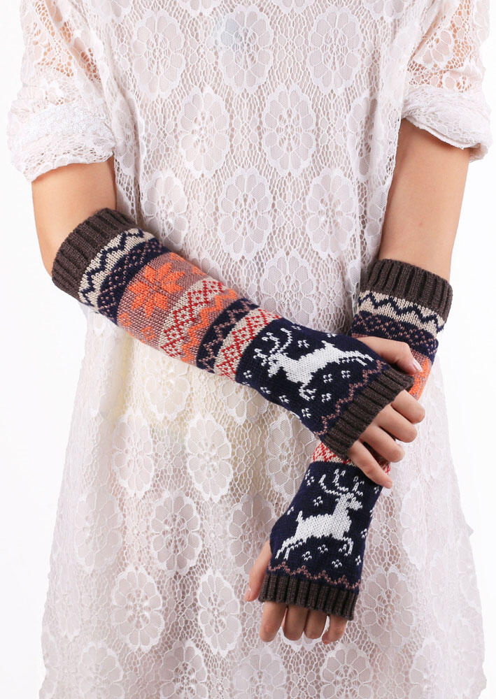 Christmas Elk Winter Warm Fingerless Elbow Length Knitted Gloves