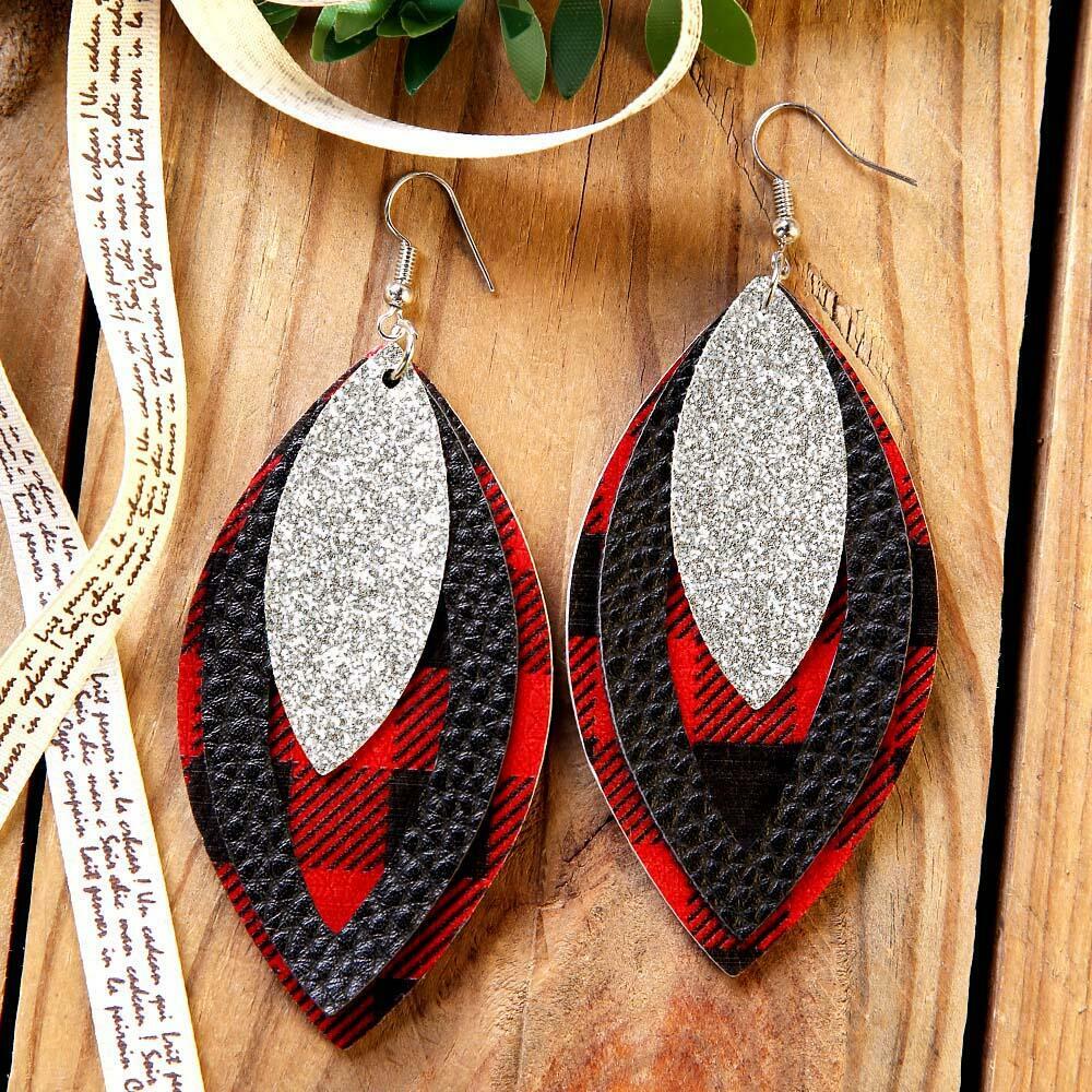 Download Plaid Sequined Three-Layered Leather Earrings - Bellelily