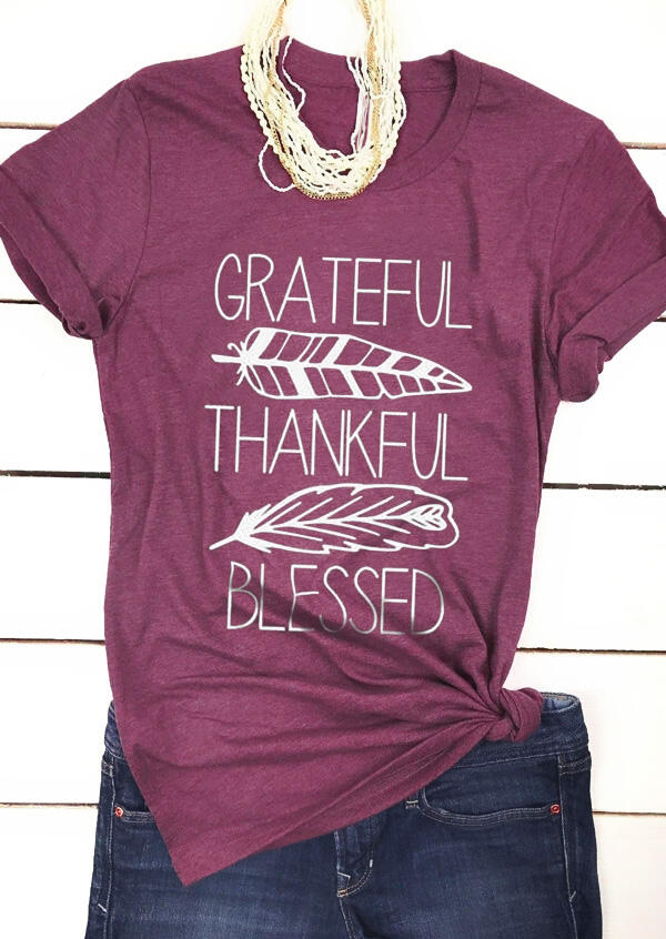 

Grateful Thankful Blessed O-Neck T-Shirt Tee, Purple, 417950