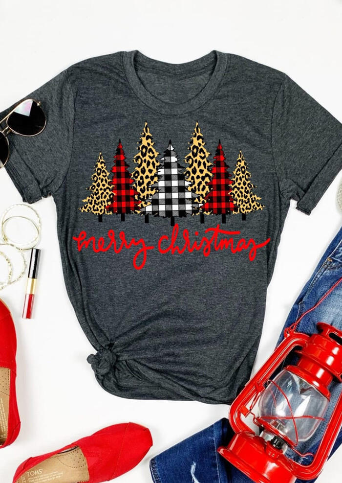 Merry Christmas Trees Plaid Leopard Printed T-Shirt Tee - Dark Grey