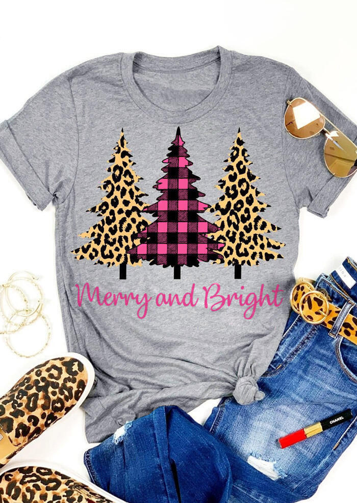 Leopard Printed Plaid Christmas Trees Merry And Bright T-Shirt Tee - Gray