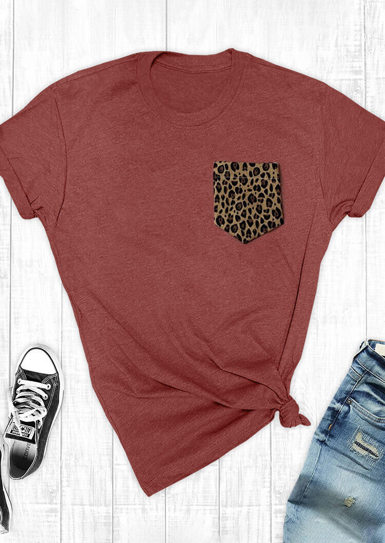 

Leopard Printed Splicing Pocket T-Shirt Tee - Brick Red, 460701