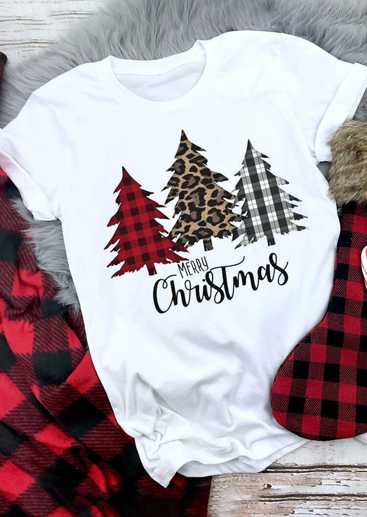 Merry Christmas Plaid Leopard Printed Tree T-Shirt Tee - Light Grey ...