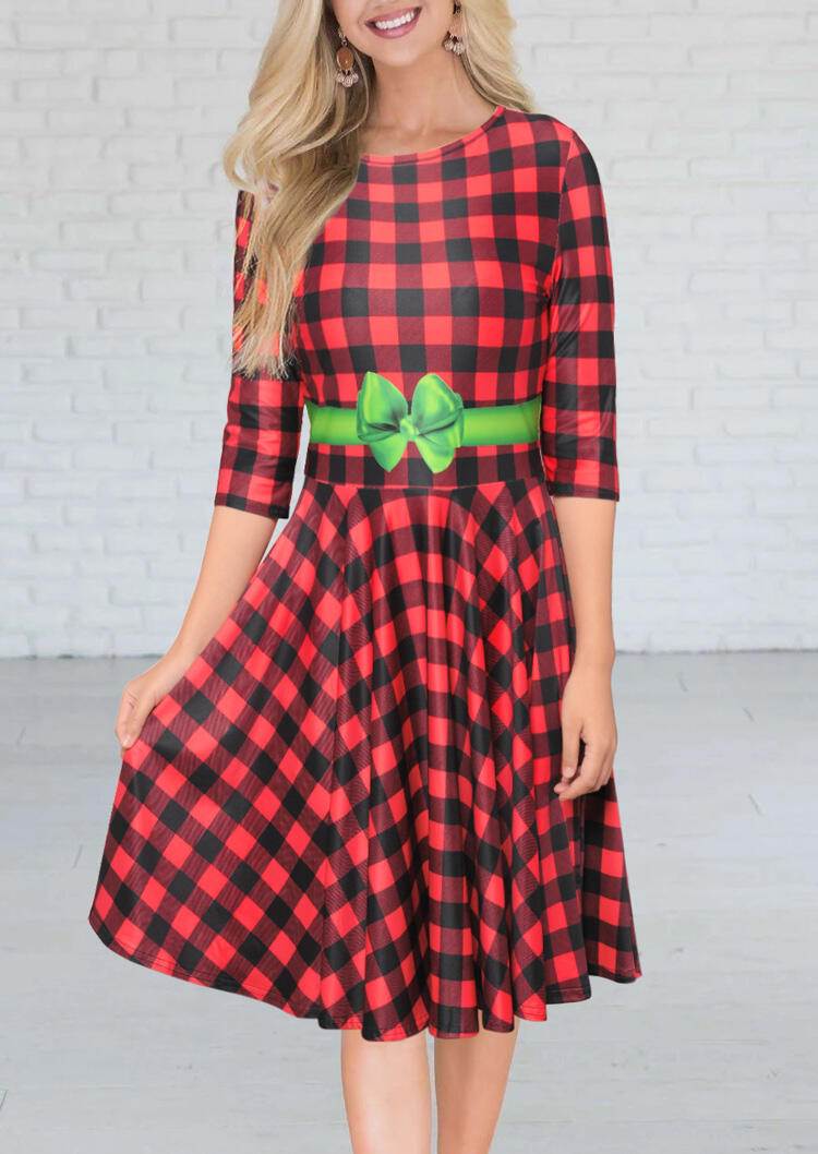 Plaid Bowknot Printed Casual Dress