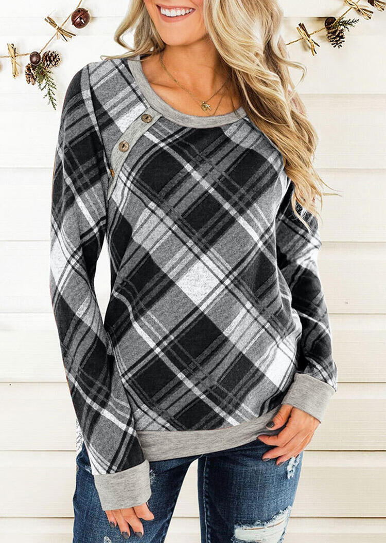 

Plaid Splicing Button Blouse without Necklace - Gray, 460521