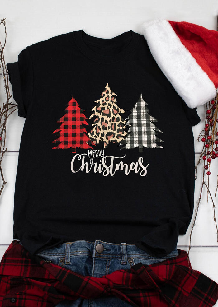 

Merry Christmas Plaid Leopard Printed Tree T-Shirt Tee - Black, 460772