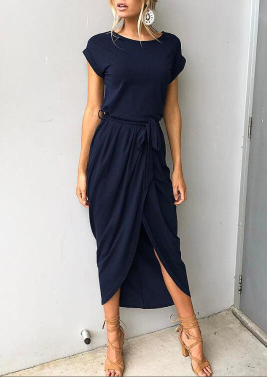 

Asymmetric Slit Midi Dress with Belt - Navy Blue, 460830