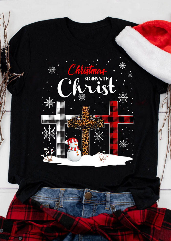 

Christmas Leopard Plaid Cross Snowflake T-Shirt Tee - Black, 460846