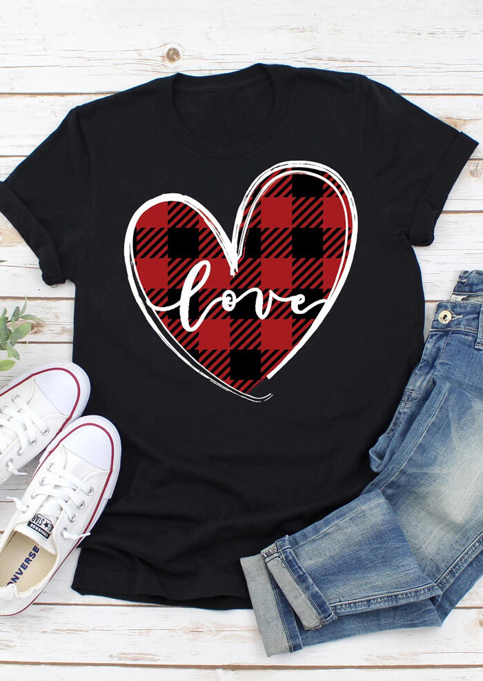 Love Heart Plaid O-Neck T-Shirt Tee - Black