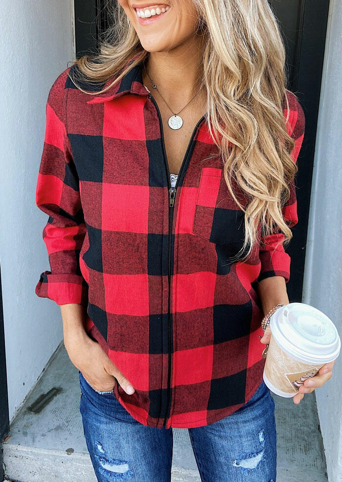 

Plaid Pocket Zipper Long Sleeve Coat without Necklace - Red, 460661